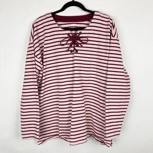 Lands' End Lace-Up Grommet Striped Long Sleeve Jersey Knit Top Women XL Cotton